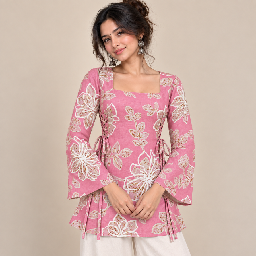 Rose Petal Floral- Side Corset Kurti