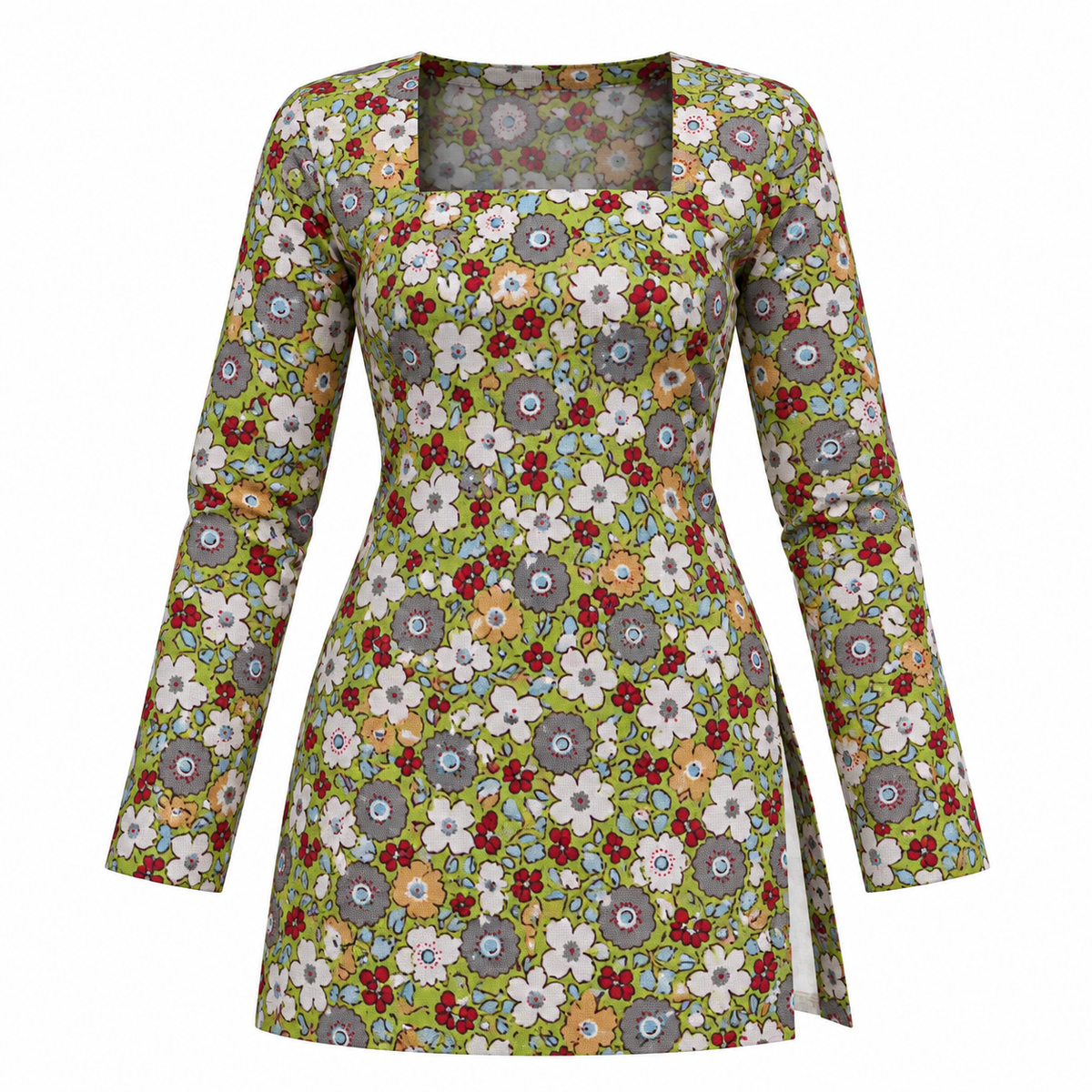 Olive Floral- Square Neck Kurti