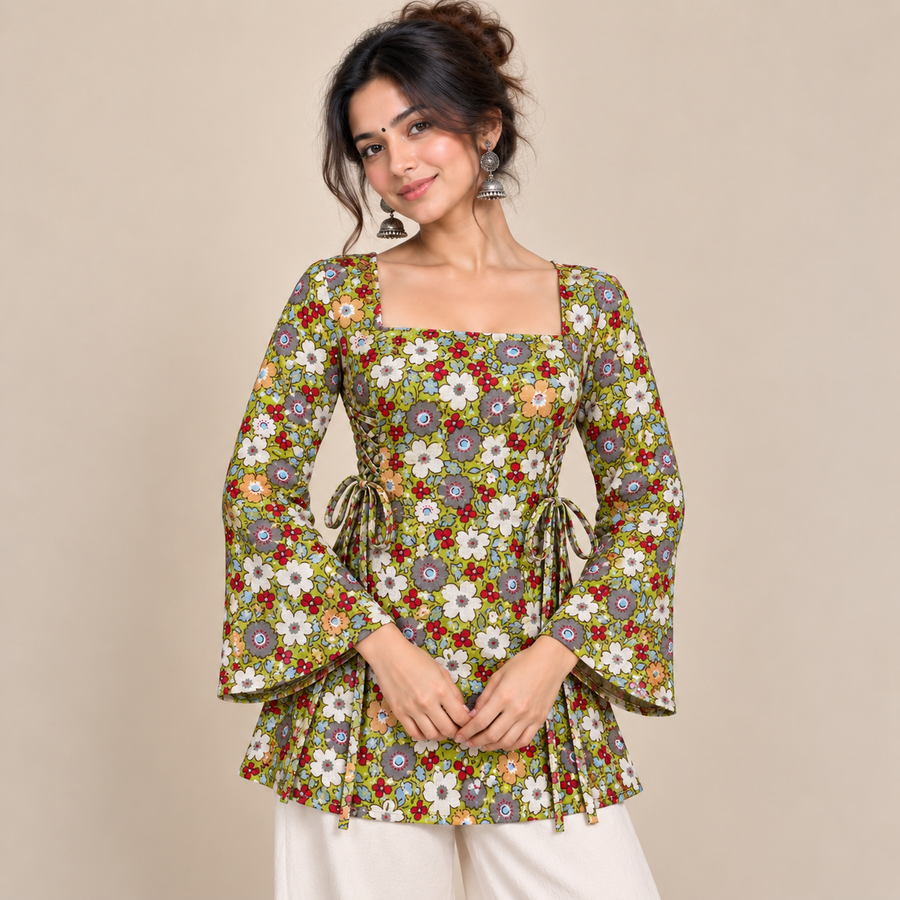 Olive Floral- Side Corset Kurti