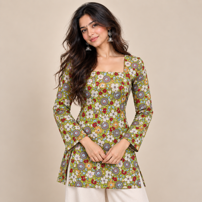 Olive Floral- Square Neck Kurti