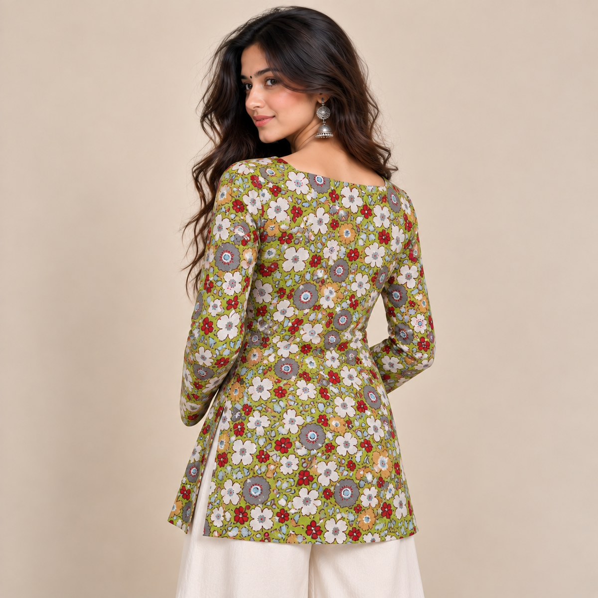 Olive Floral- Square Neck Kurti
