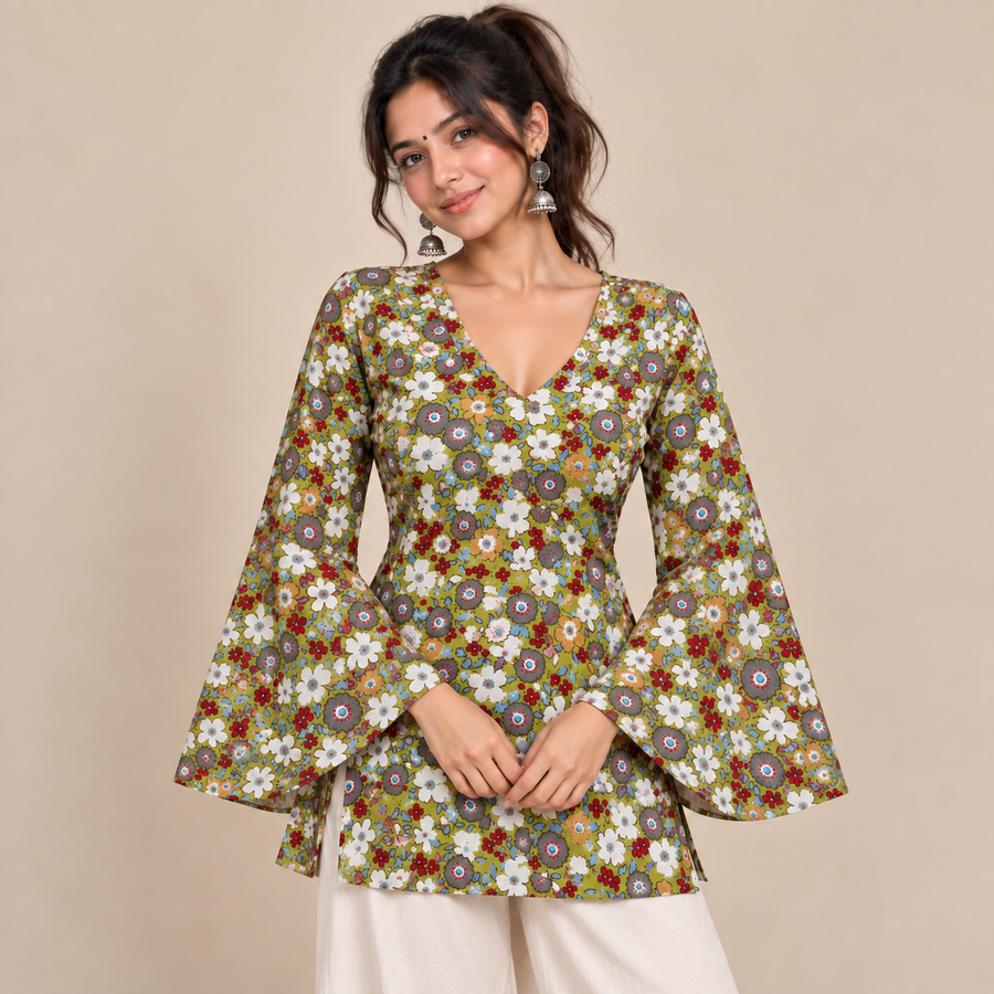Olive Floral- Bell Sleeve Kurti