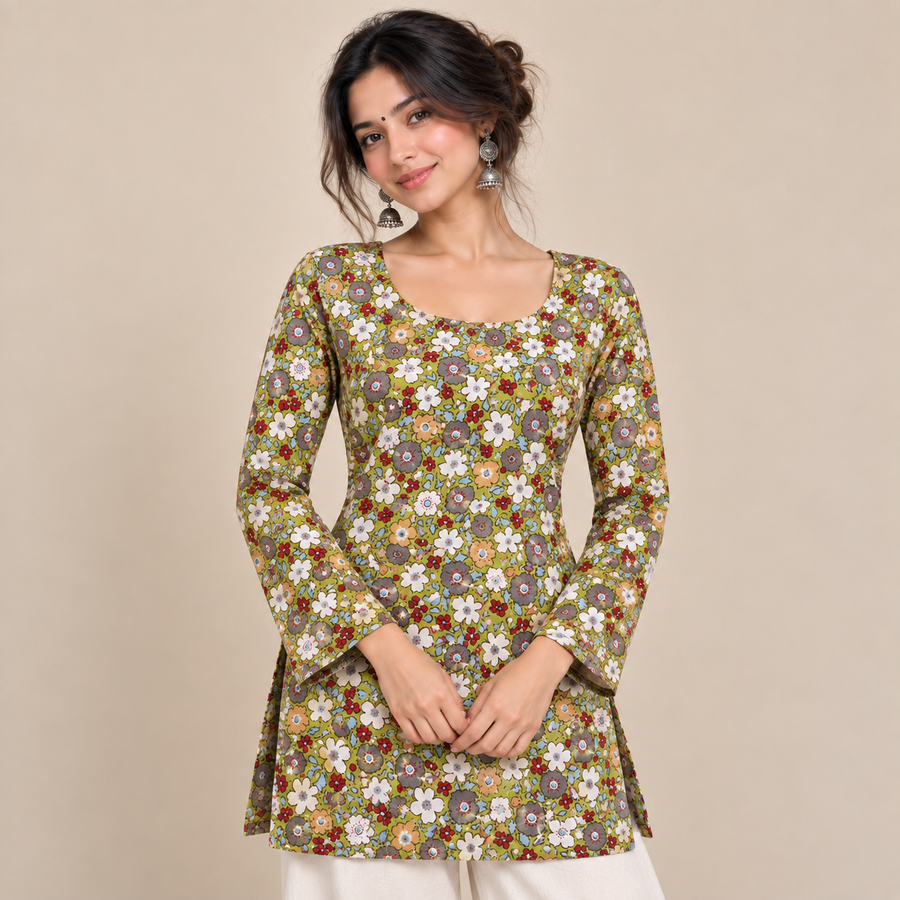 Olive Floral- Boat Neck Kurti