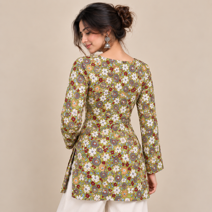 Olive Floral- Boat Neck Kurti