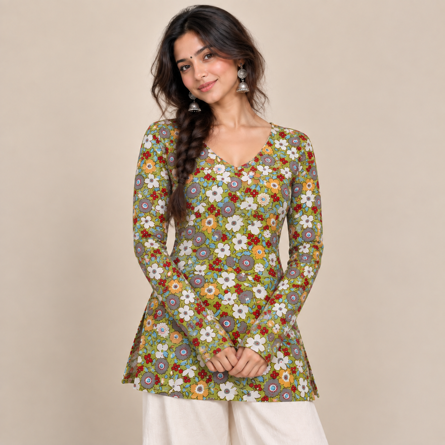 Olive Floral- Straight Sleeve Kurti
