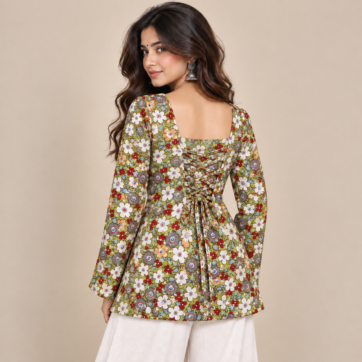 Olive Floral- Corset Back Kurti