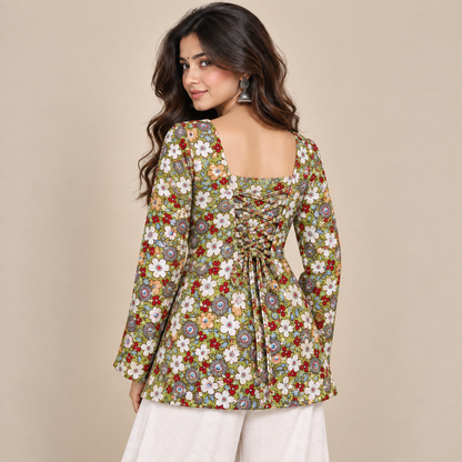 Olive Floral- Corset Back Kurti
