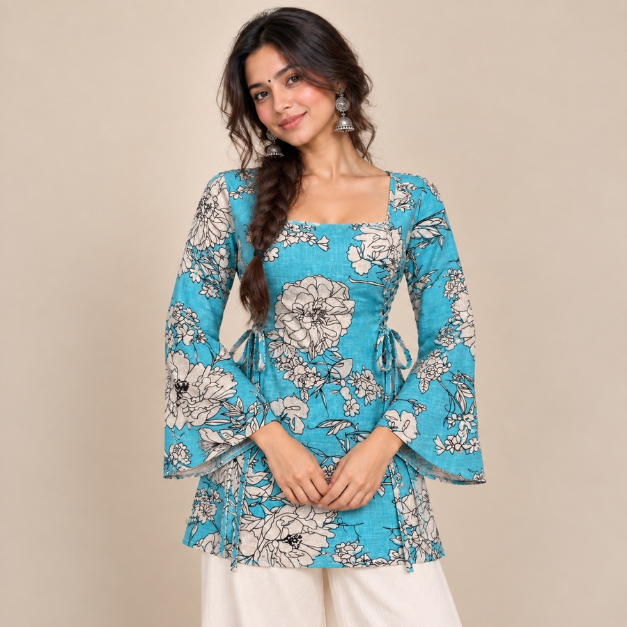 Turquoise Floral- Side Corset Kurti