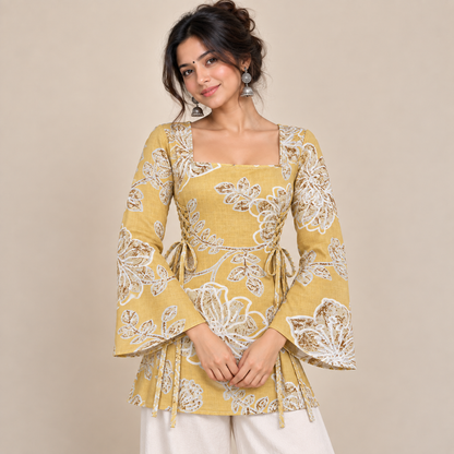 Mustard Floral- Side Corset Kurti