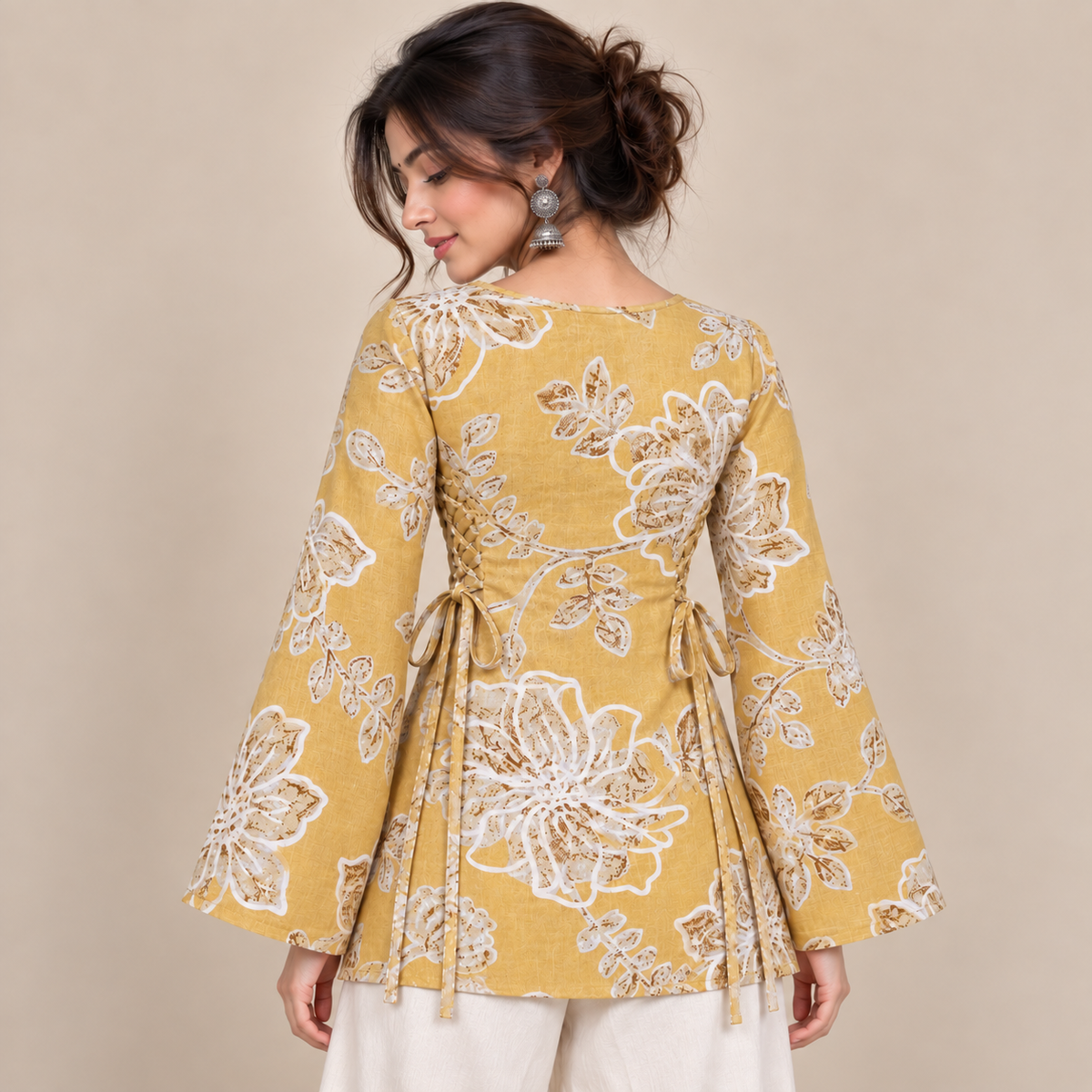 Mustard Floral- Side Corset Kurti