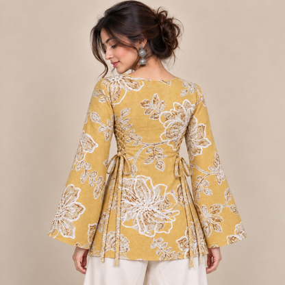 Mustard Floral- Side Corset Kurti