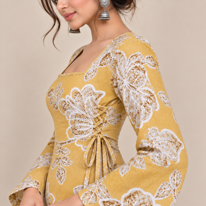 Mustard Floral- Side Corset Kurti