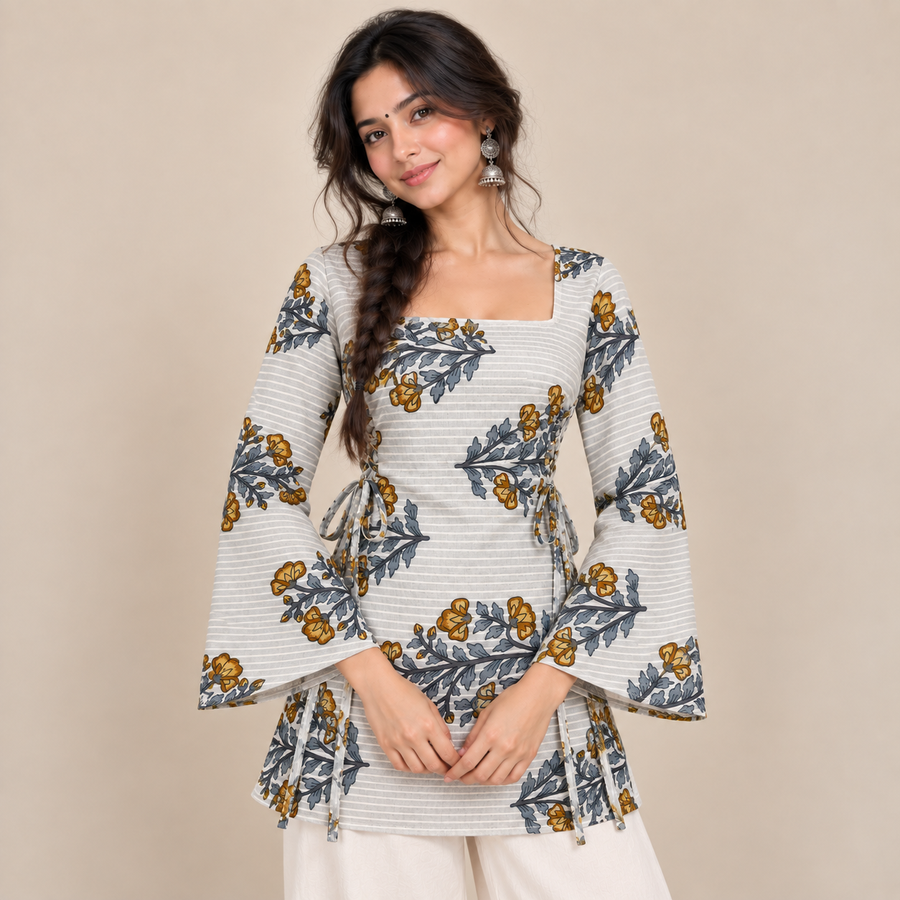 Floral Striped- Side Corset Kurti