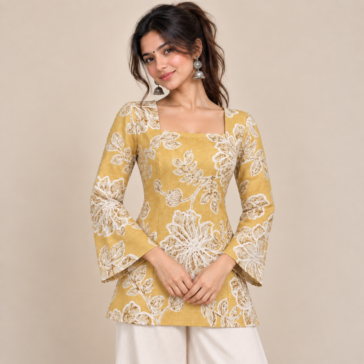 Mustard Floral- Corset Back Kurti