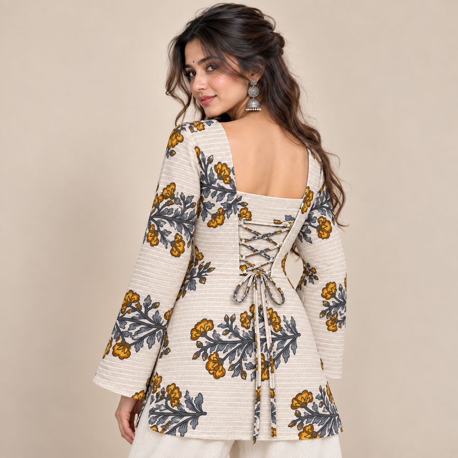 Floral Striped- Corset Back Kurti