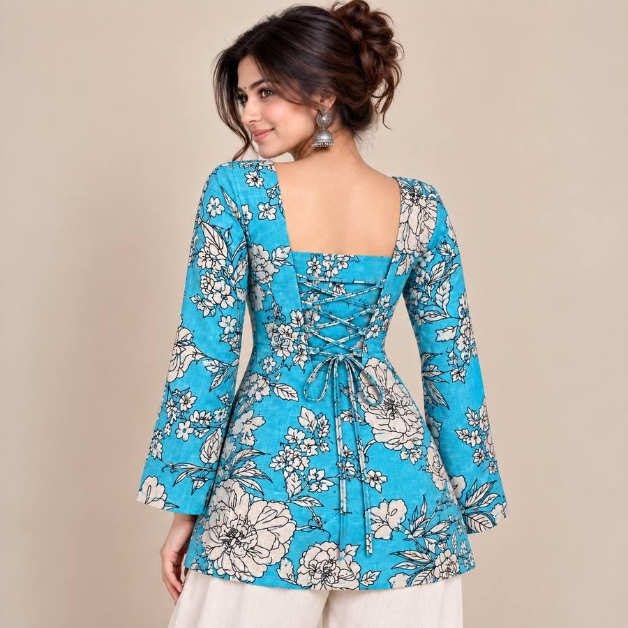 Turquoise Floral- Corset Back Kurti