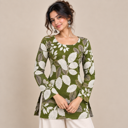 Botanical Leaf Print- Boat Neck Kurti