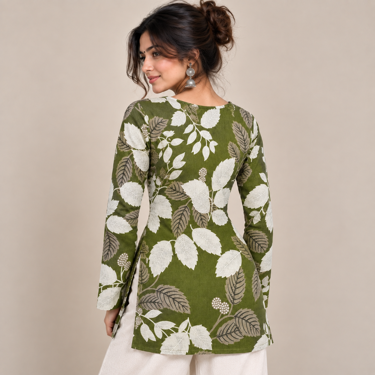 Botanical Leaf Print- Boat Neck Kurti