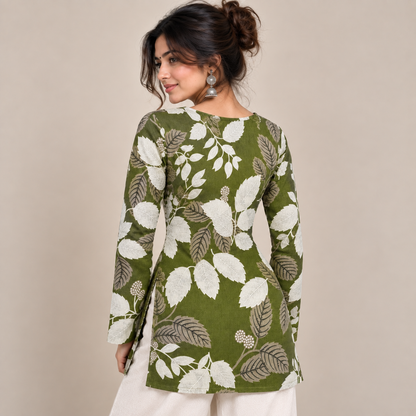 Botanical Leaf Print- Boat Neck Kurti