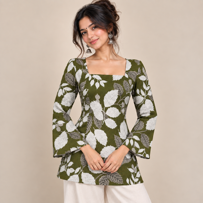 Botanical Leaf Print- Corset Back Kurti