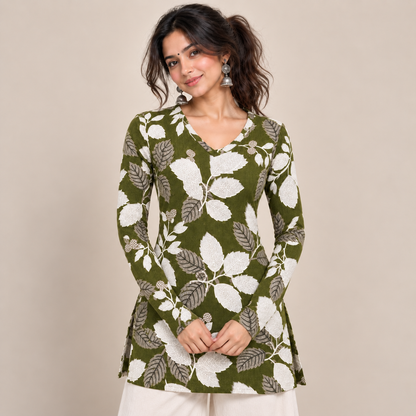 Botanical Leaf Print- Straight Sleeve Kurti