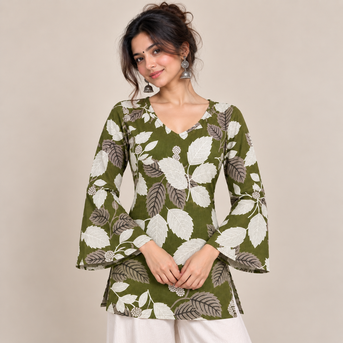 Botanical Leaf Print- Bell Sleeve Kurti