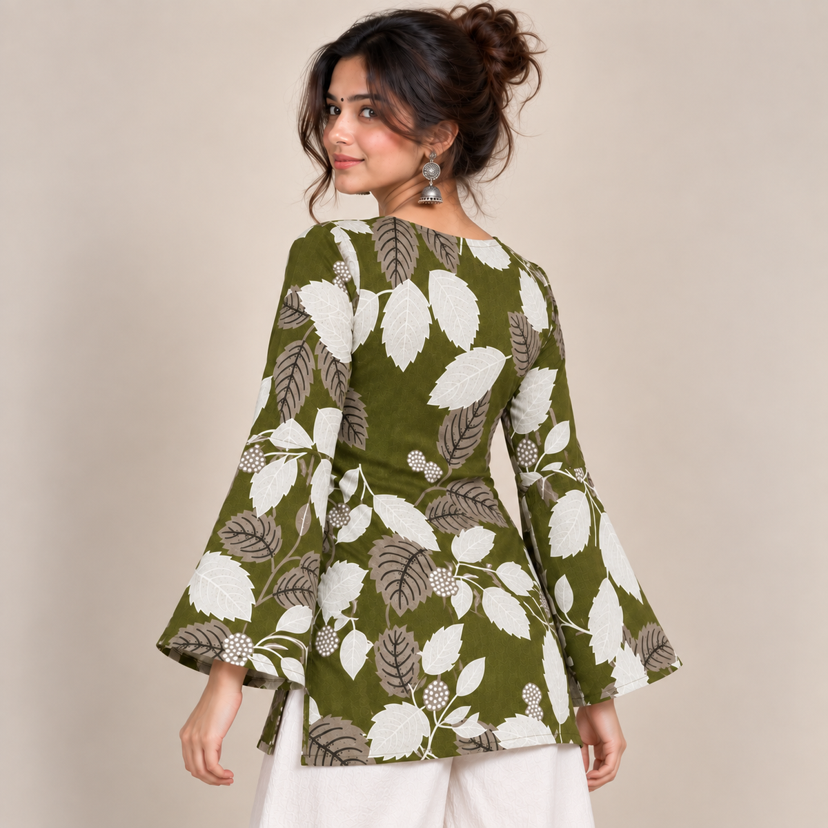Botanical Leaf Print- Bell Sleeve Kurti