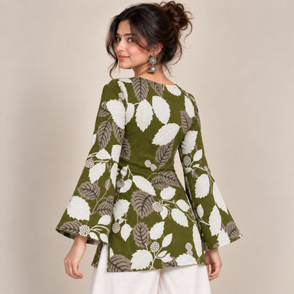 Botanical Leaf Print- Bell Sleeve Kurti