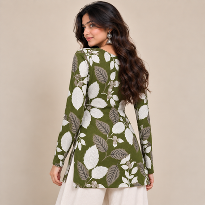 Botanical Leaf Print- Square Neck Kurti
