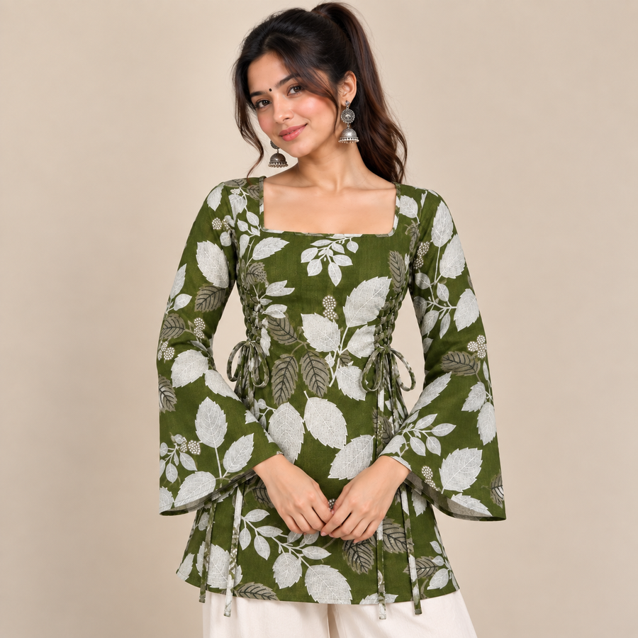 Botanical Leaf Print- Side Corset Kurti