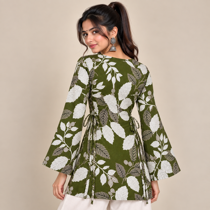 Botanical Leaf Print- Side Corset Kurti