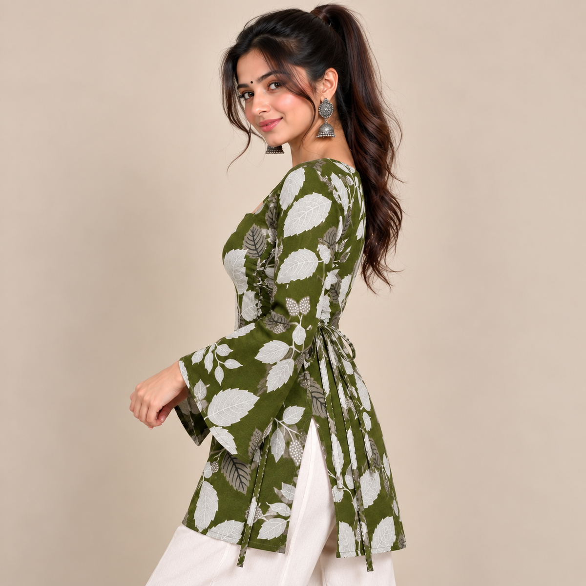 Botanical Leaf Print- Side Corset Kurti