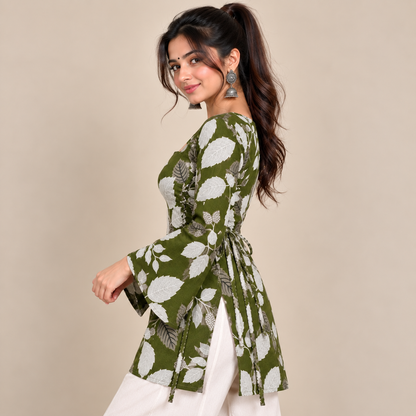 Botanical Leaf Print- Side Corset Kurti