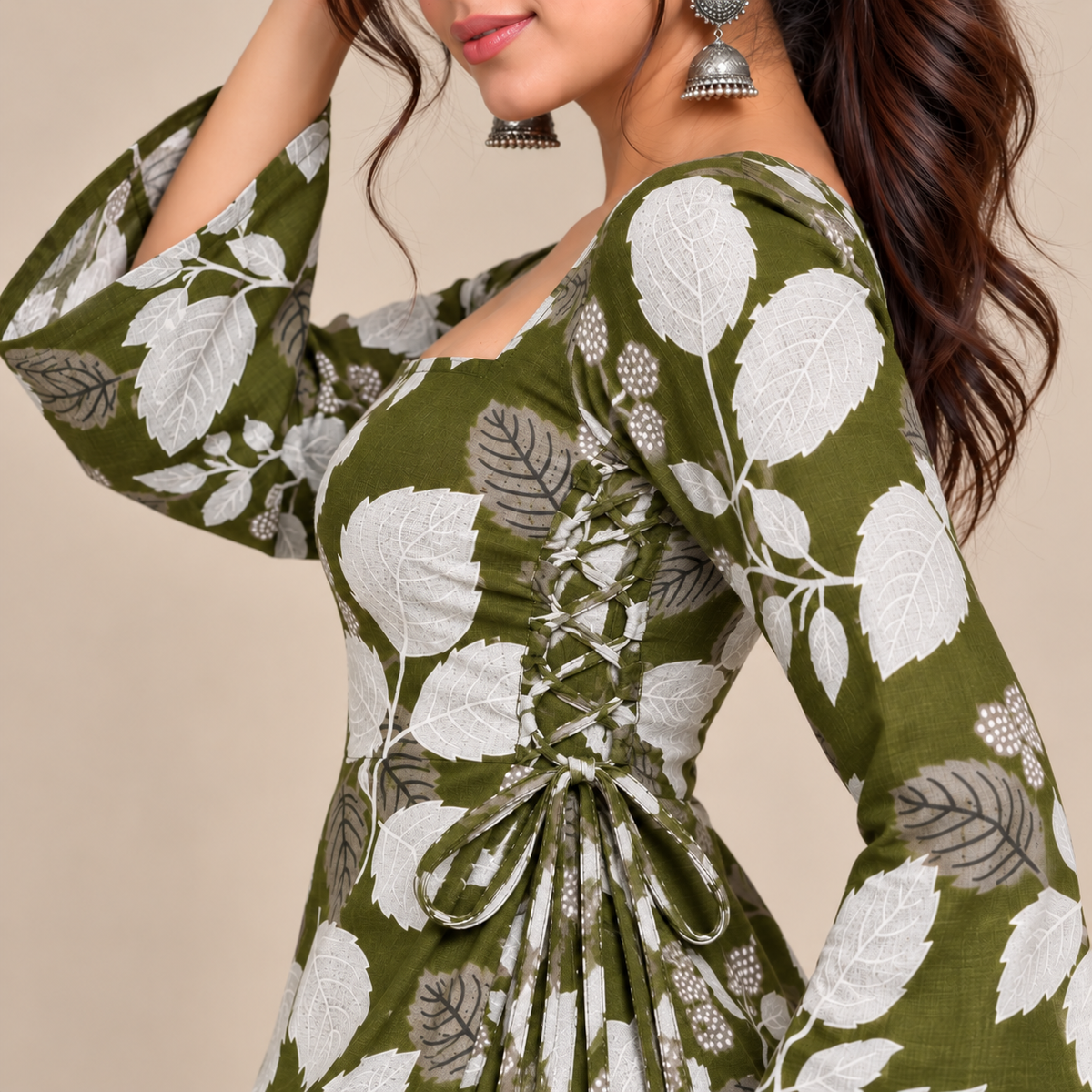 Botanical Leaf Print- Side Corset Kurti