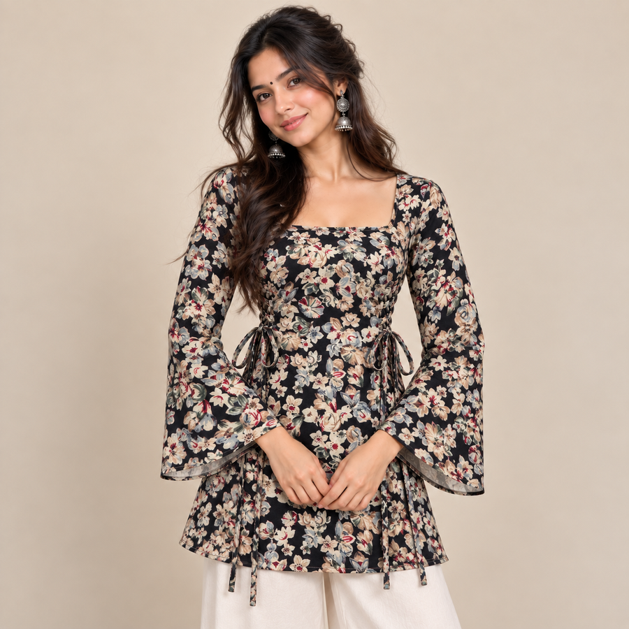 Midnight Floral- Side Corset Kurti