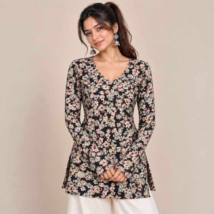 Midnight Floral- Straight Sleeve Kurti