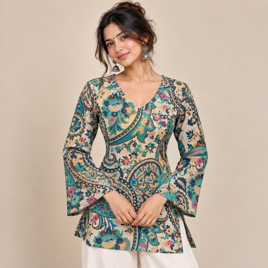 Ivory Paisley floral- Bell Sleeve Kurti