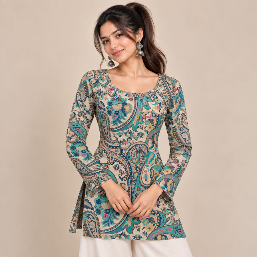 Ivory Paisley Floral- Boat Neck Kurti