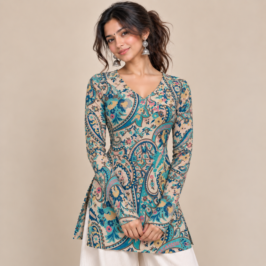 Ivory Paisley Floral- Straight Sleeve Kurti