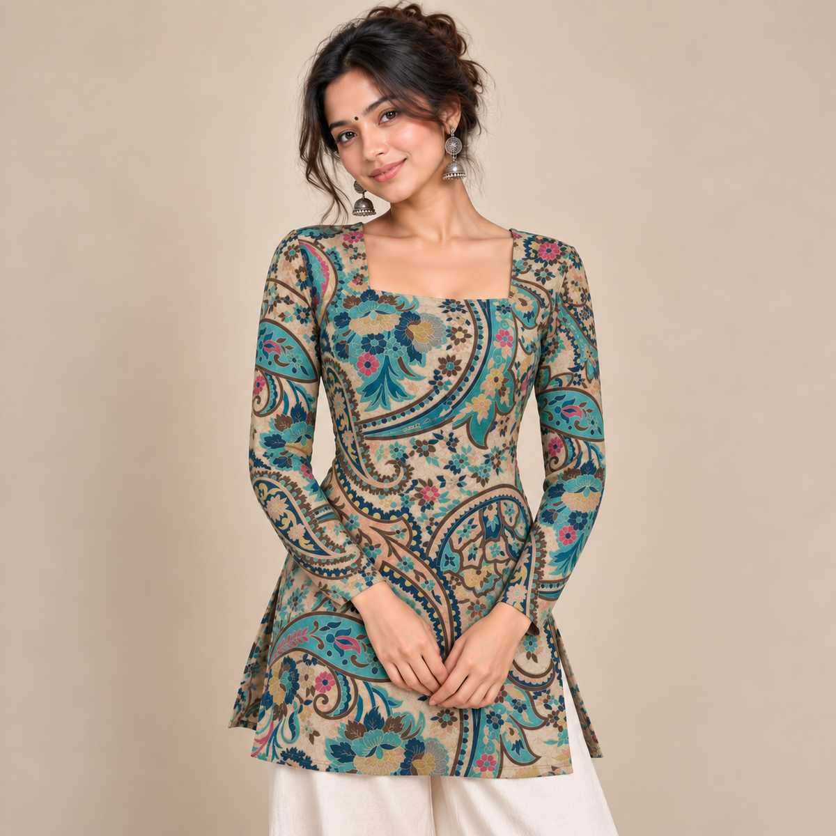 Ivory Paisley Floral- Square Neck Kurti