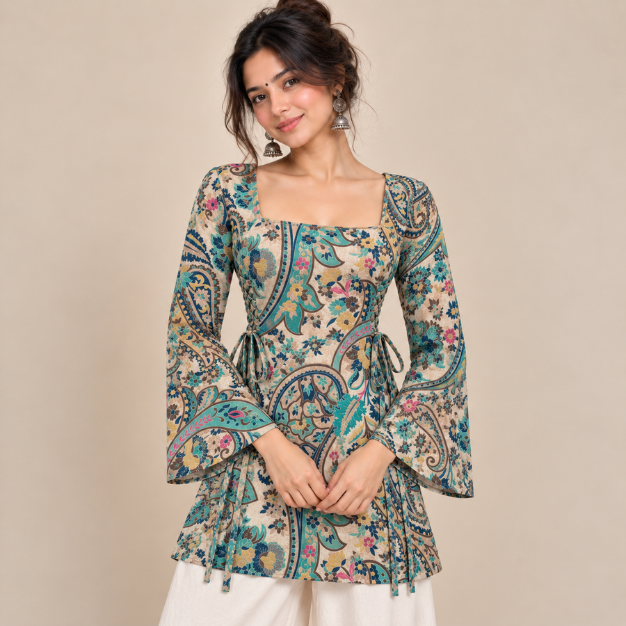 Ivory Paisley Floral- Side Corset Kurti