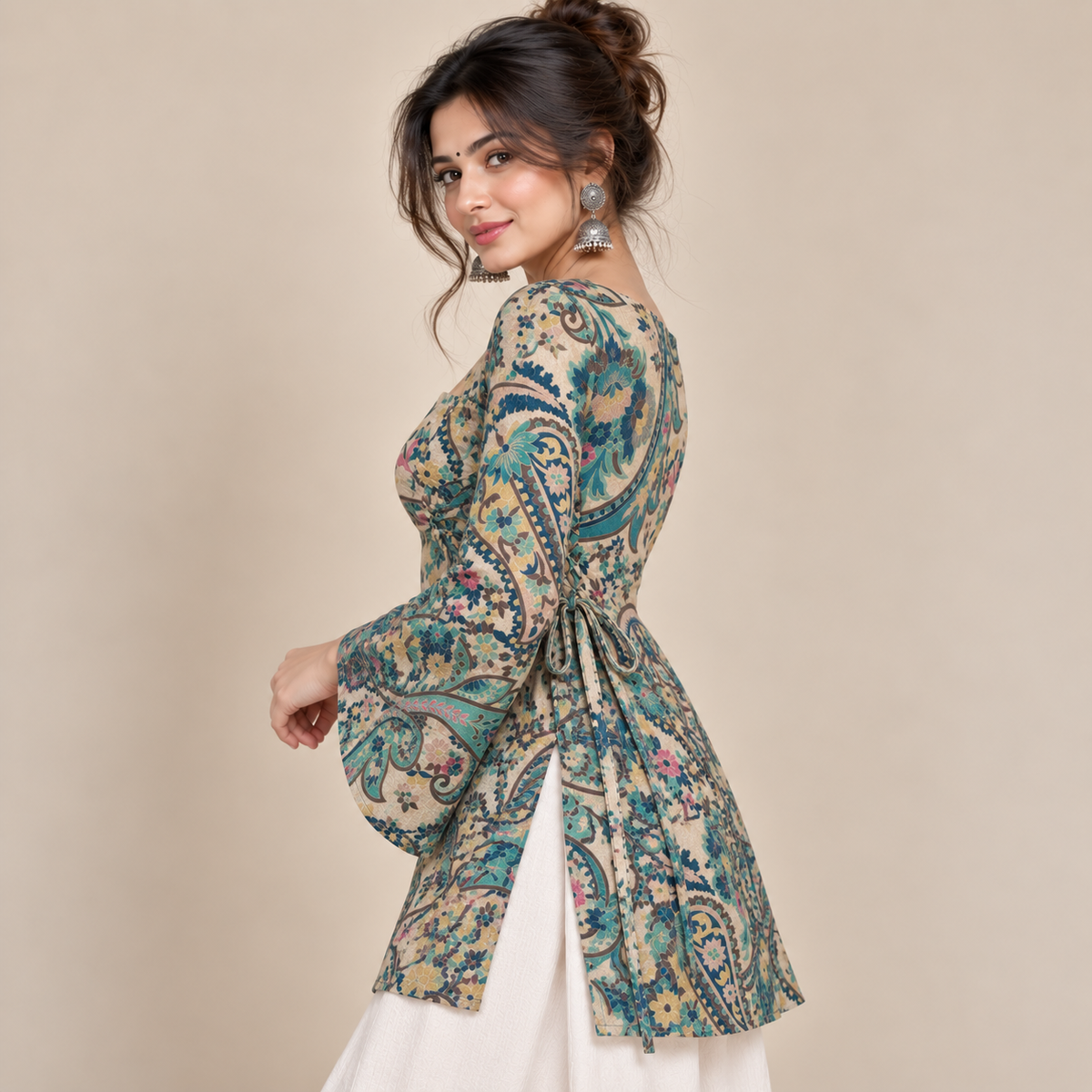 Ivory Paisley Floral- Side Corset Kurti