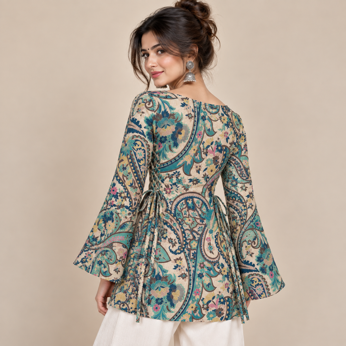 Ivory Paisley Floral- Side Corset Kurti