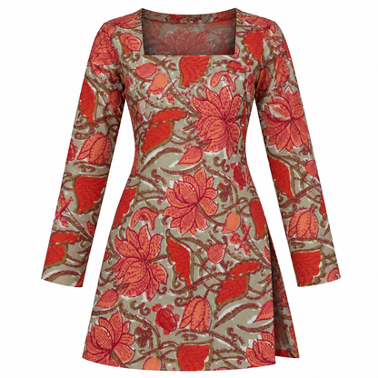 Rust Red Floral- Square Neck Kurti