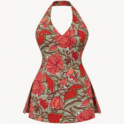 Rust Red Floral- Halter Neck Kurti