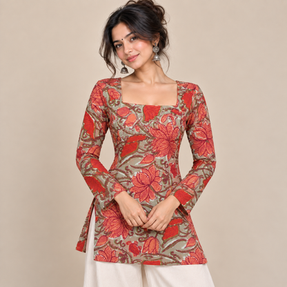 Rust Red Floral- Square Neck Kurti