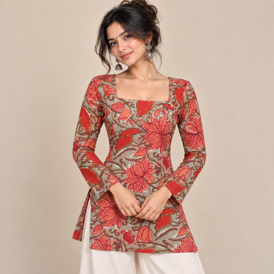 Rust Red Floral- Square Neck Kurti