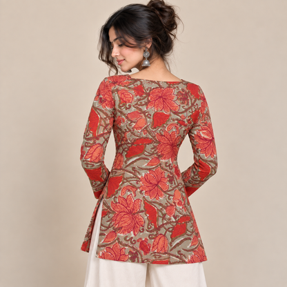 Rust Red Floral- Square Neck Kurti