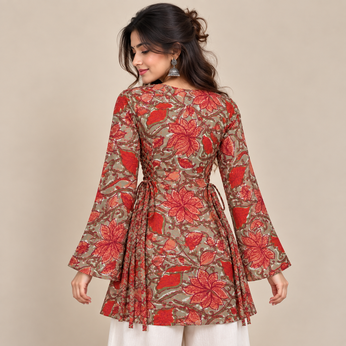 Rust Red Floral- Side Corset Kurti
