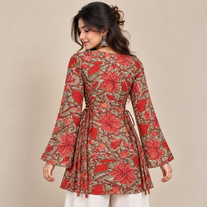 Rust Red Floral- Side Corset Kurti